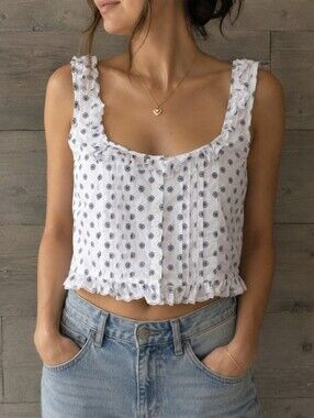 American Eagle Cottagecore Black White Floral Cropped Peasant Top Ruffle Hem S